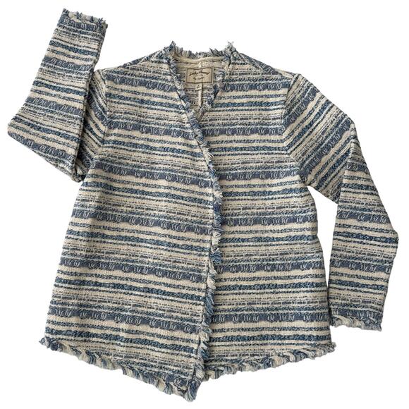Lucky Brand tweed striped blue & cream open front fringed jacket size medium - Picture 1 of 10